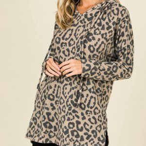 Long sleeve Leopard print fleece pullover hoodie